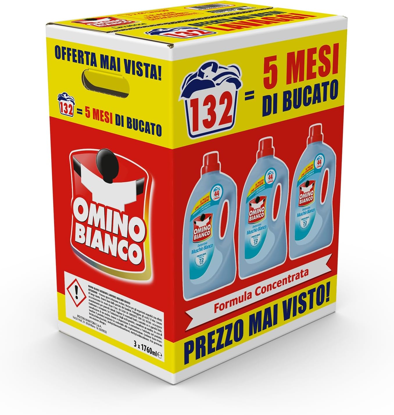 Omino Bianco - Detersivo Lavatrice Liquido, 132 Lavaggi, Rispetta Colori e Tessuti, Fresco Profumo con Essenza di Muschio Bianco, 1760 ml x 3 Confezioni